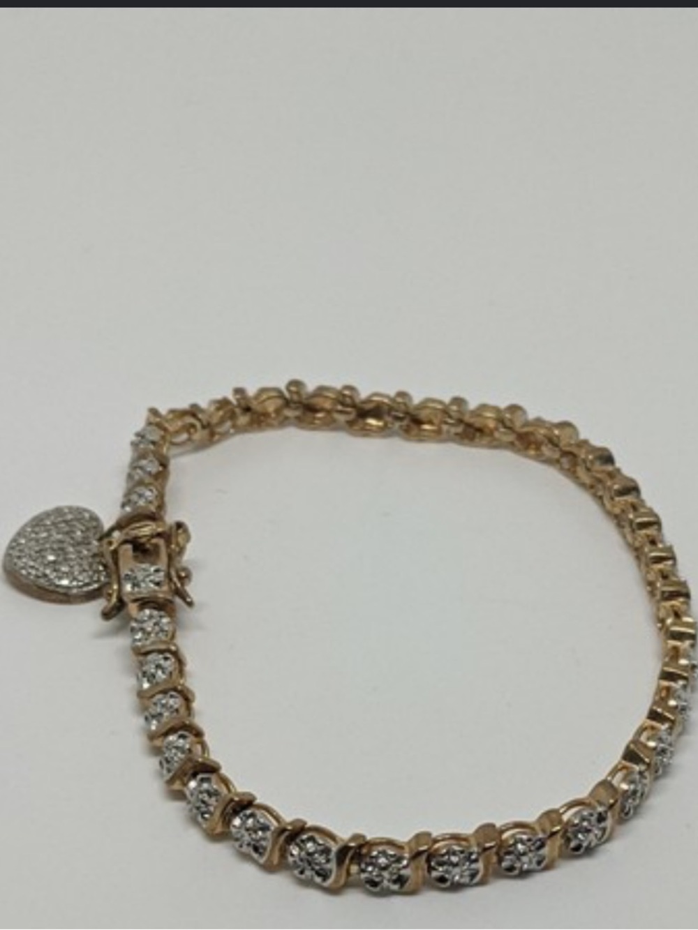 Gold Tone Sterling Silver Tennis Bracelet with Heart Charm - Gold